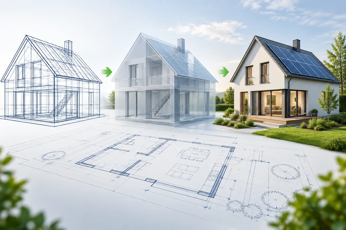 Illustration der Entwicklung eines Bauplans zu einem dreidimensionalen Gebäudemodell
