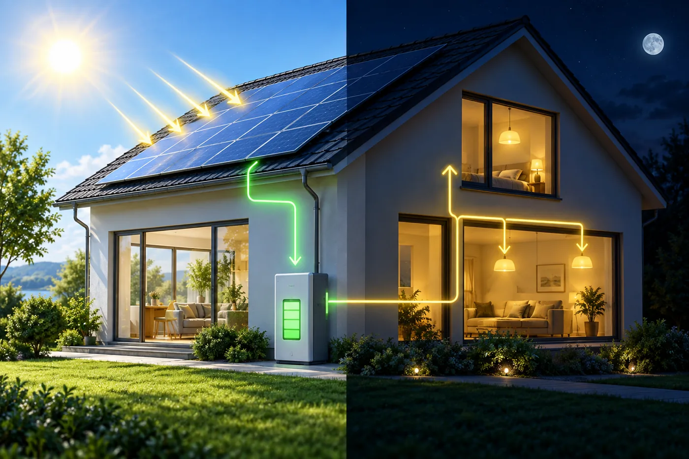 Illustration der Speicherung von Solarstrom für den Abend