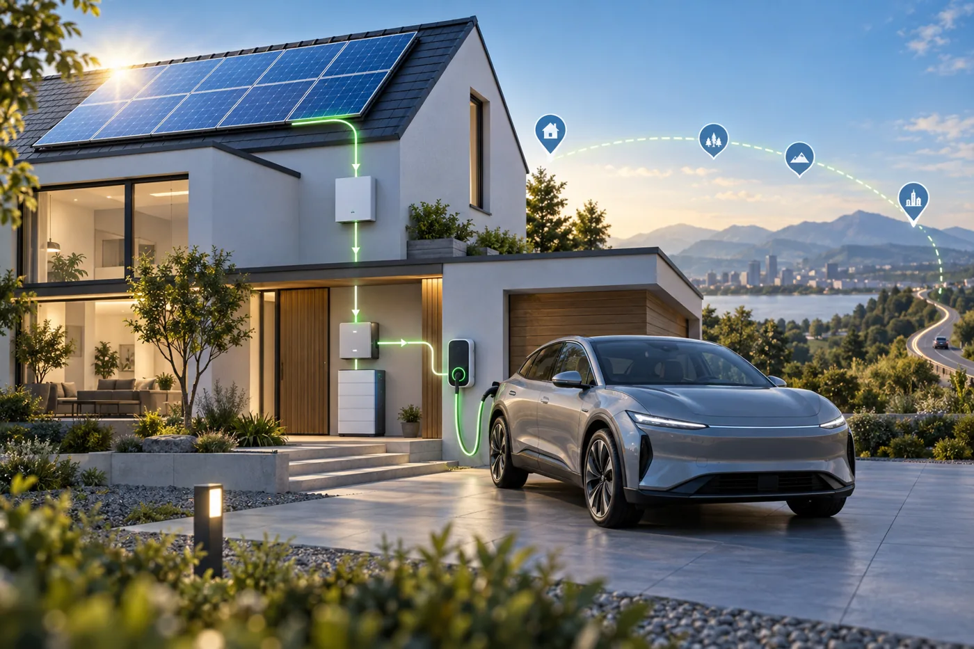 Illustration eines Elektroautos beim Laden mit Solarstrom