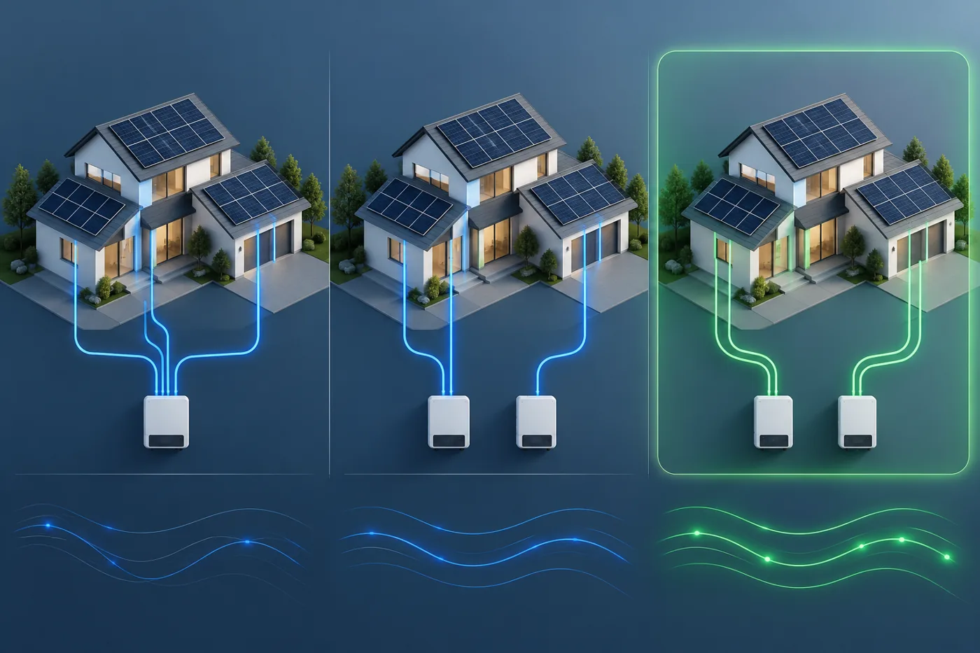 Illustration verschiedener Verschaltungsvarianten einer Photovoltaikanlage