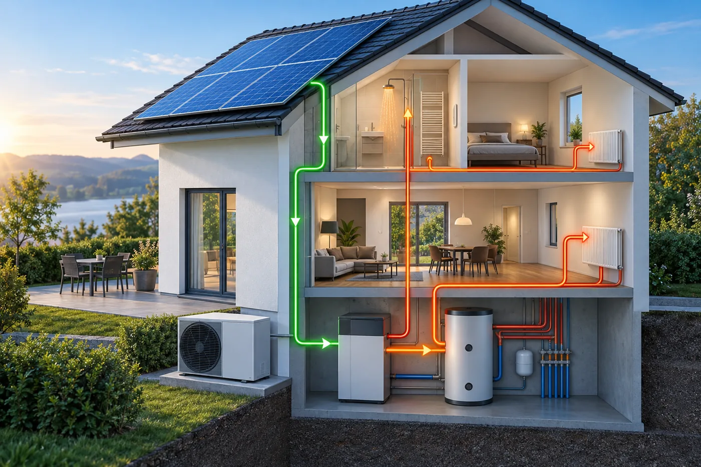 Illustration eines mit Solarstrom unterstützten Wärmesystems